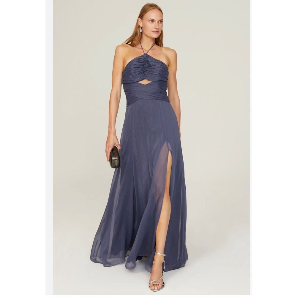 Likely Runa Gown Halter Maxi Size 10 Slate Blue Metallic Shimmer Chiffon (B) - Picture 1 of 12